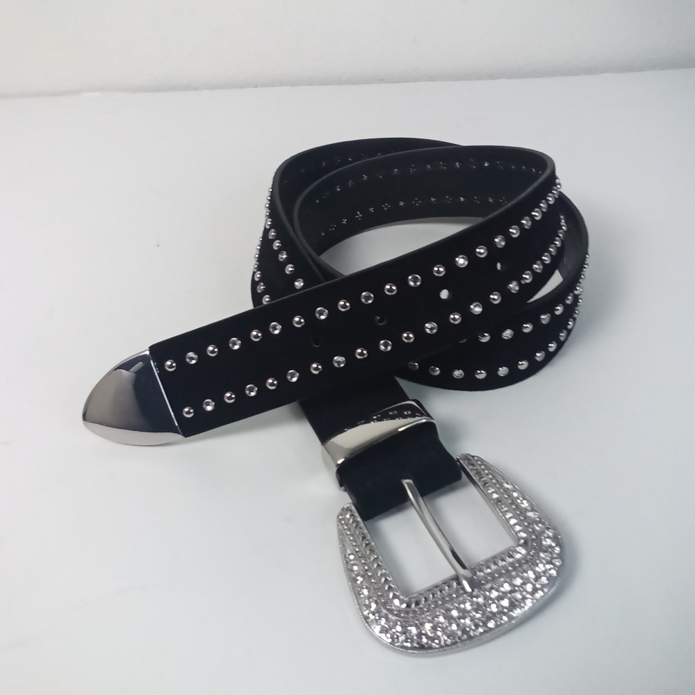 Anthropologie Rhinestone Studded Black Leather Belt Silver Accents Western NWOT